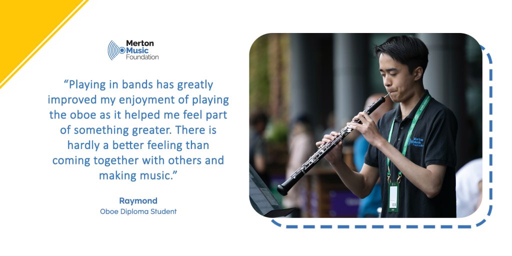 Photo of a young person playing the Oboe with a quote about the benefits of playing in bands.

