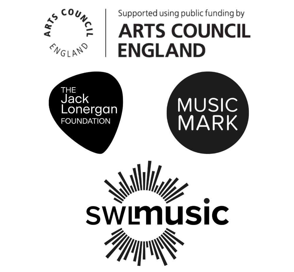 A collection of four black and white logos: Arts Council England, The Jack Lonergan Foundation, Music Mark, and SWL Music with a circular soundwave graphic.