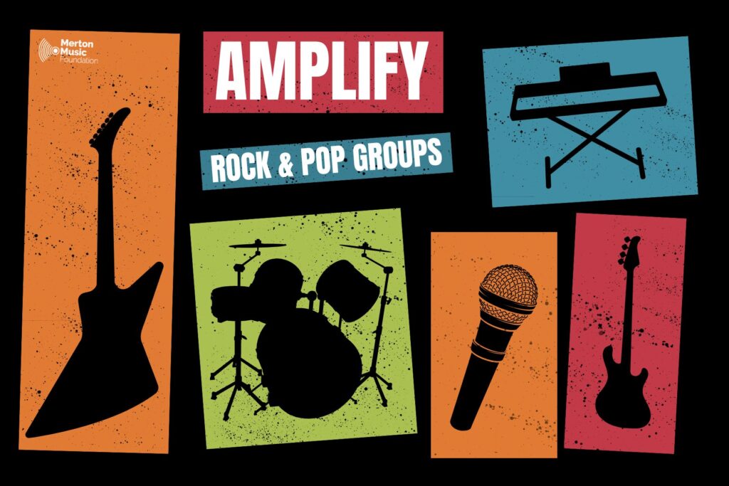 Amplify - rock and pop groups Colourful graphic with silhouettes of an electric guitar, a bass guitar, a drum kit, a microphone and keyboard.