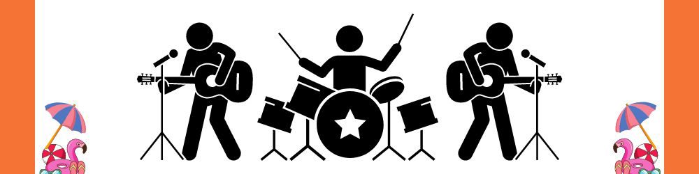 Live band silhouette graphic on a white background with summer props.