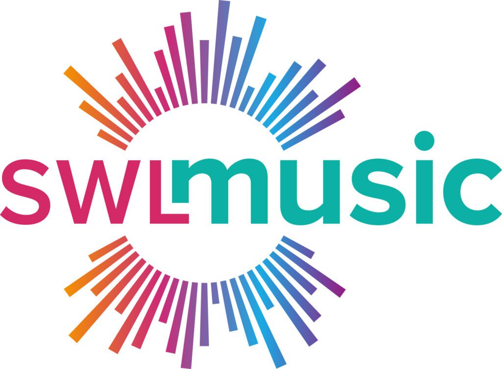 SWL Music colourful logo with a rounded icon made up of extending bars.