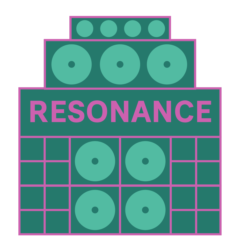 Graphic of a stylized speaker tower with multiple green circles representing speakers, outlined in pink, and the words RESONANCE ENSEMBLE in large pink letters across the middle.