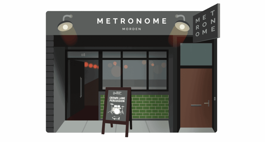 Illustration of a storefront labeled Metronome Morden with a sandwich board outside advertising drum lessons. The building has dark walls, green tiles, and signs above the door and window—find us for expert percussion guidance.