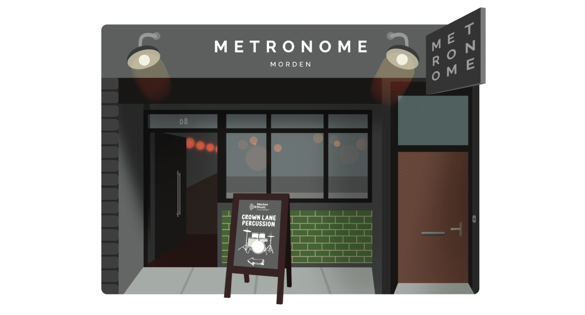 Illustration of a storefront labeled Metronome Morden with a sandwich board outside advertising drum lessons. The building has dark walls, green tiles, and signs above the door and window—find us for expert percussion guidance.