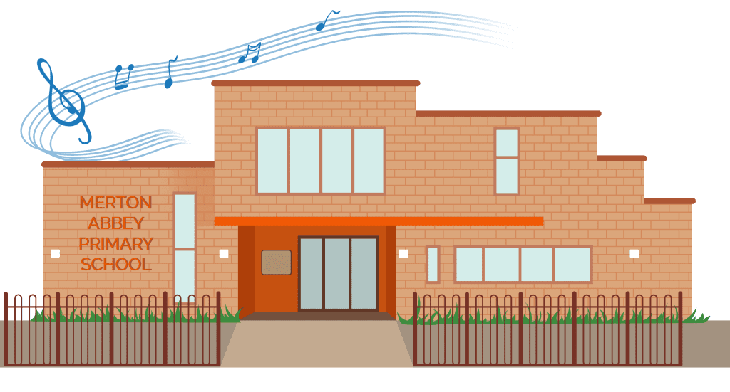 Illustration of Merton Abbey Primary School, a modern brick building with large windows, a fence, and musical notes floating above on staff lines—Find us here where music and learning come together.