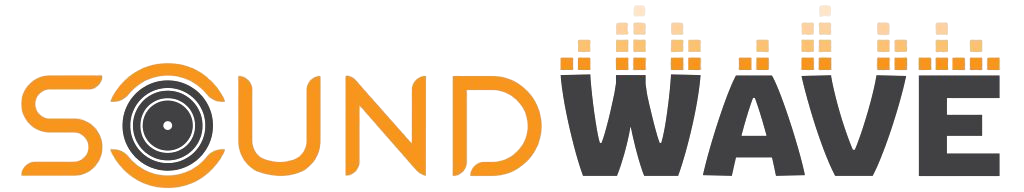 Find us by our unique logo: SOUNDWAVE. SOUND appears in orange with a speaker graphic as the O; WAVE is in black, topped with orange equalizer bars of varying heights.