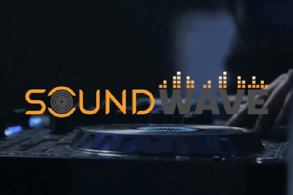 A DJ console with a hand operating it, overlaid with the word SOUNDWAVE in bold text and an audio equalizer graphic above the letters. The dark, blurred background evokes the vibrant energy of top Music Centres.