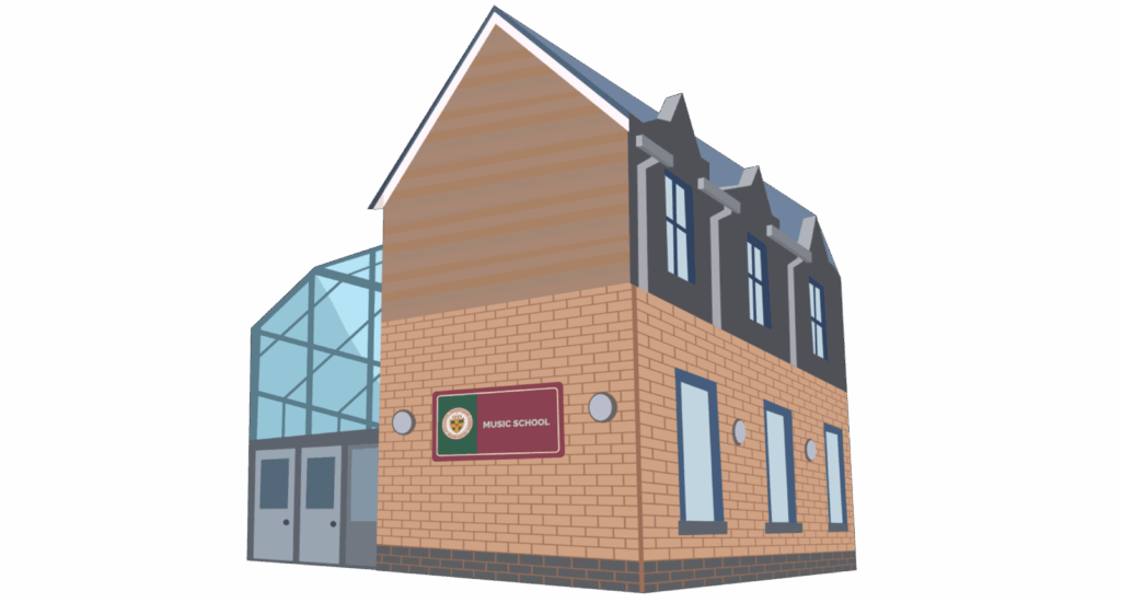 Illustration of a two-story brick building with large windows and a glass entrance. A maroon sign reads Music School with a circular emblem. Find us in this modern, welcoming space dedicated to music education.