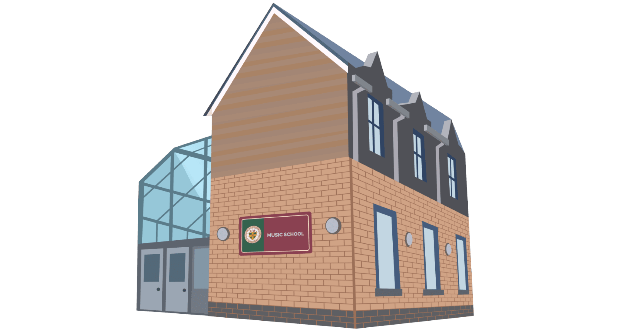 Illustration of a two-story brick building with large windows and a glass entrance. A maroon sign reads Music School with a circular emblem. Find us in this modern, welcoming space dedicated to music education.