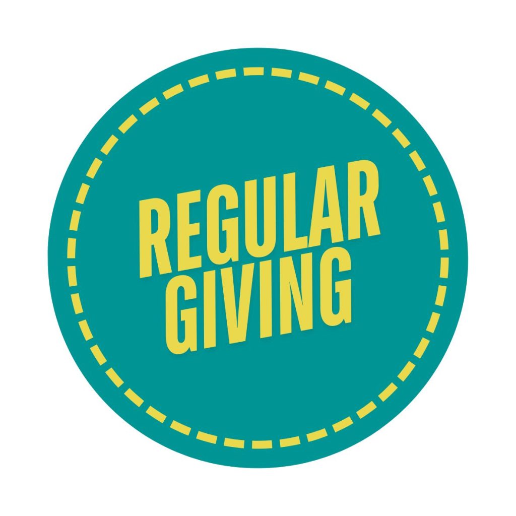 A teal circle with a yellow dashed border contains the bold yellow text REGULAR GIVING in the center, encouraging you to donate. The background is white.