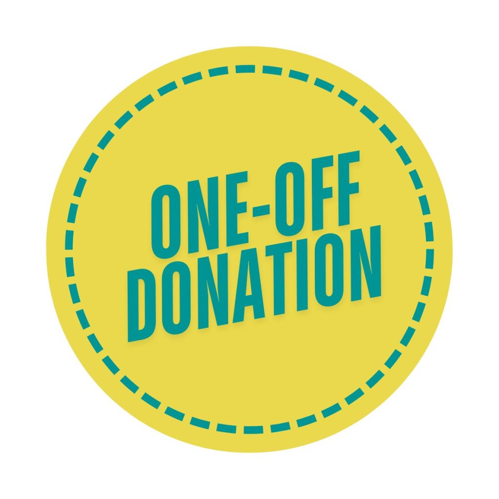A yellow circle with a dashed teal border contains the bold teal words ONE-OFF DONATION in all caps, inviting you to Donate, all centered on a white background.