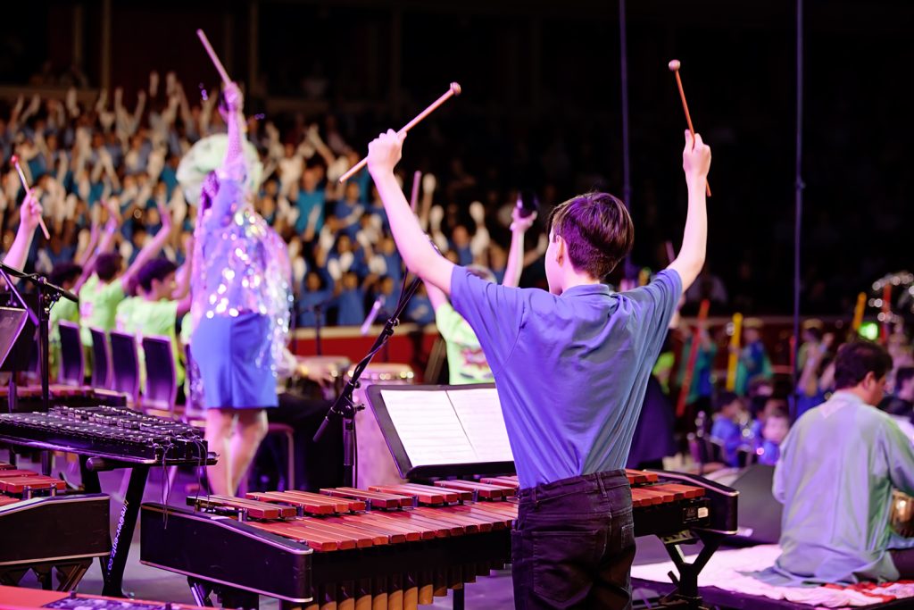 Photo of MMF's Music is for Life concert at the Royal Albert Hall with a xylophone player holder his beaters aloft.