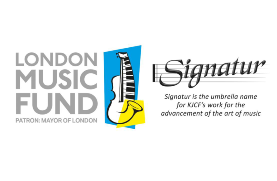 Logo with text: “London Music Fund, Patron: Mayor of London” beside music-themed art with a piano and saxophone. “Signatur” flows in script on music staff lines, reflecting the resonance of advancing the art of music.