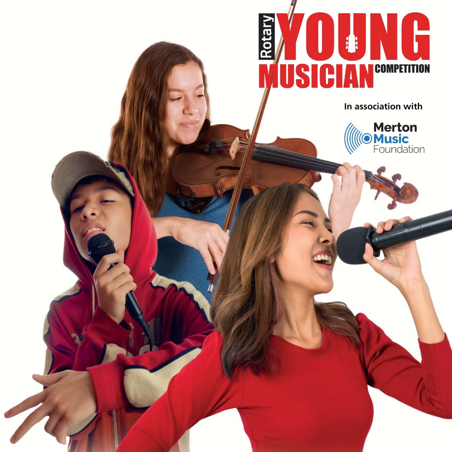 Three young musicians perform: a girl plays the violin, a boy in a hoodie sings into a microphone, and another girl sings passionately. Merton Music Foundation and Rotary Young Musician Competition text is above them.