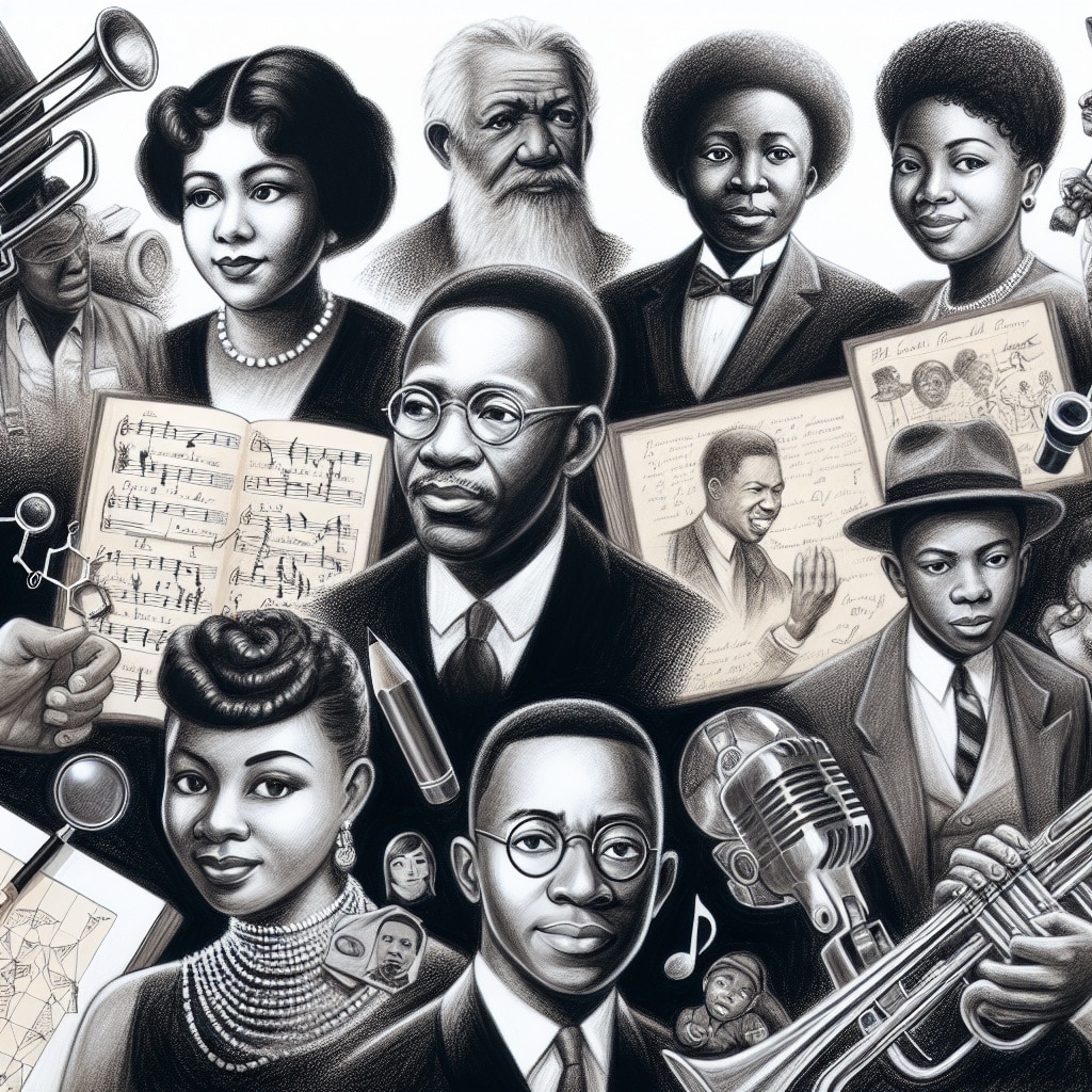 Black,History,Famous,People,Collage A black and white illustration features historical Black musicians and composers, shown with musical instruments, sheet music, and microphones, celebrating their contributions to music and culture for Women’s History Month.