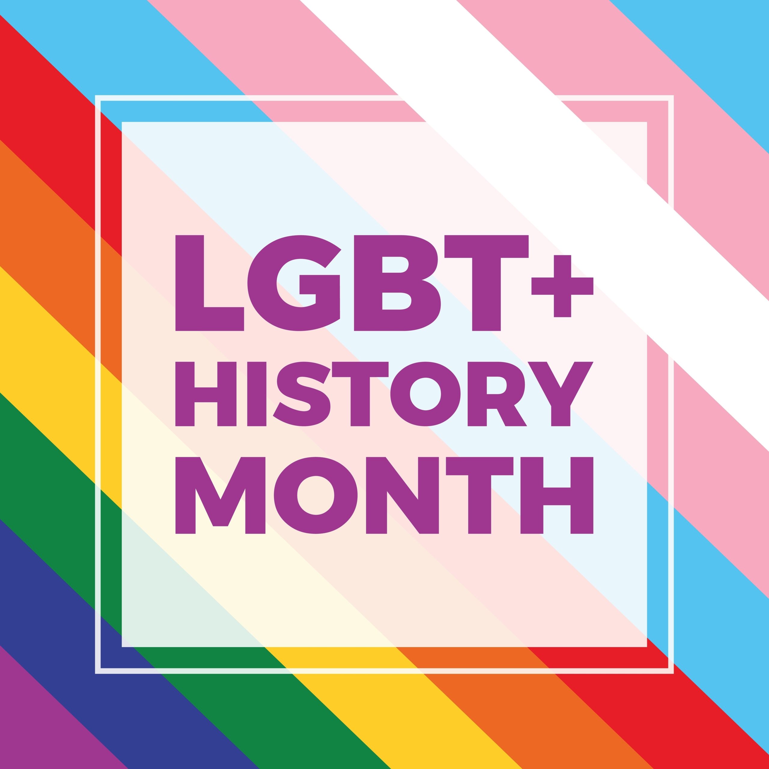 A colourful graphic features diagonal rainbow stripes and the colours of the transgender flag, overlaid with a white square and the words “LGBT+ History Month” in bold purple letters, recognising inclusivity alongside Women’s History Month.