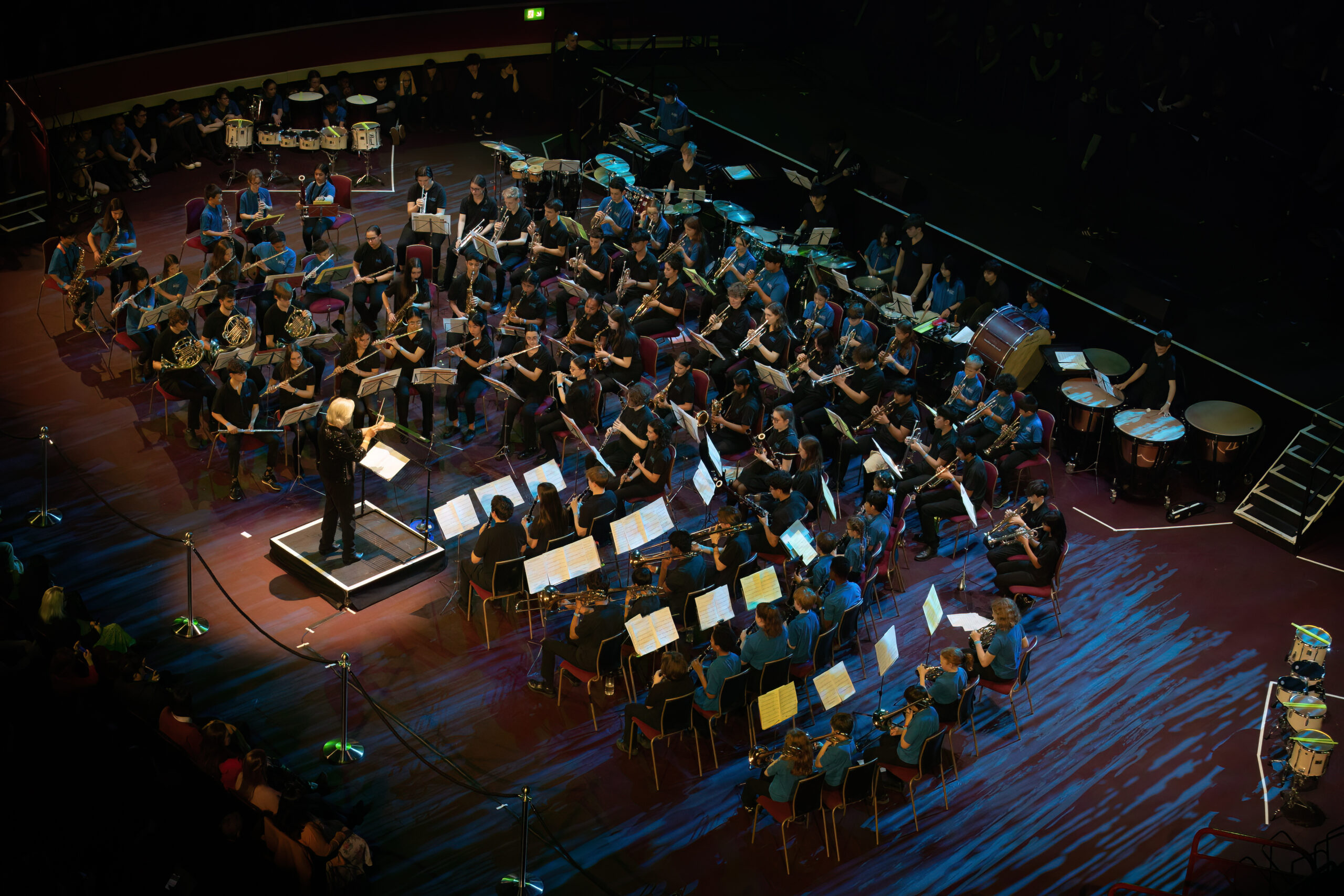 A large orchestra performs on stage, with musicians playing various instruments and a conductor leading them. The stage is warmly lit, and the audience is partially visible in the darkened background.