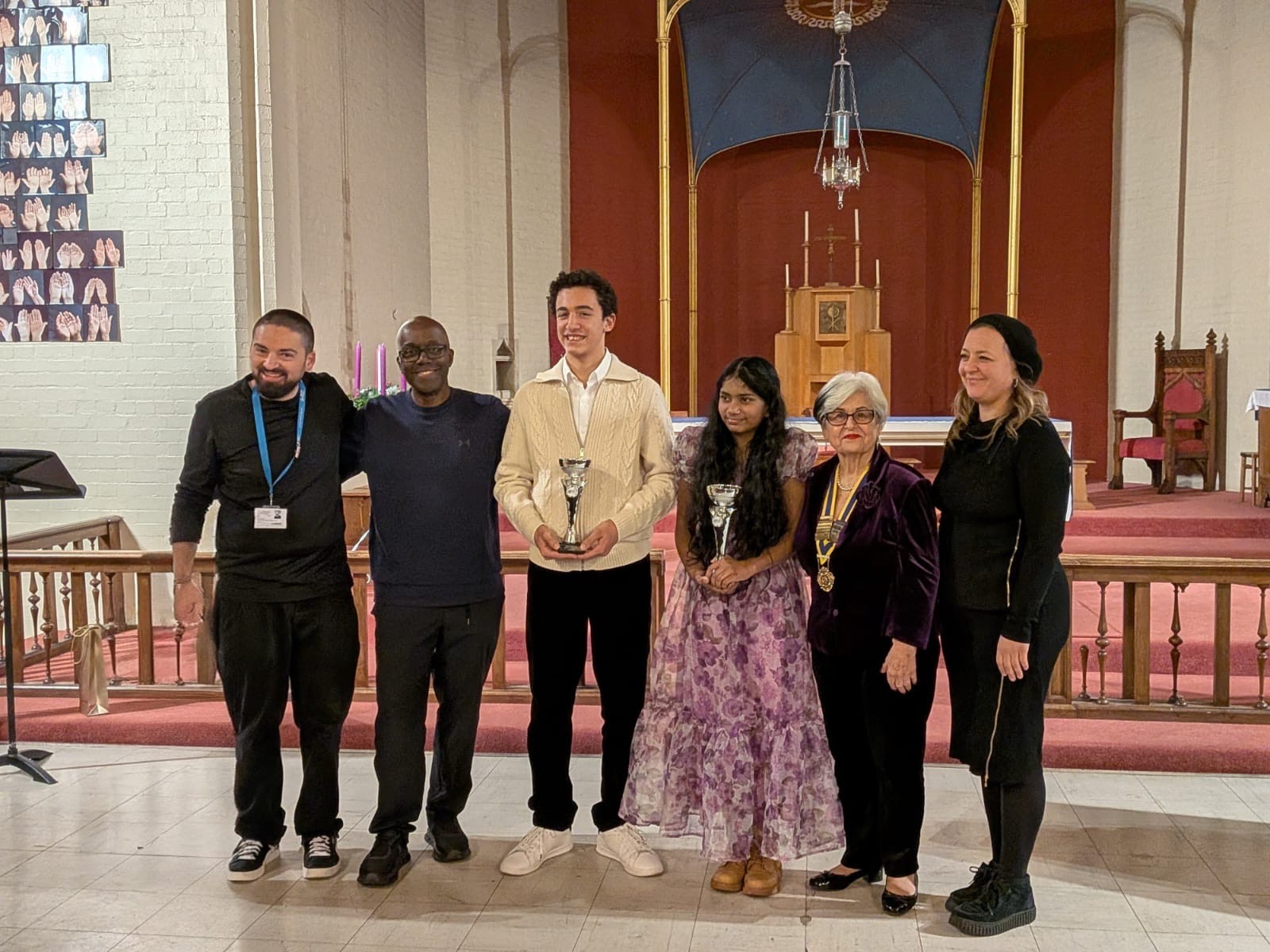 Photo of the winners of the Rotary Young Musicians (Merton Heat) with the Mayor of Merton and Angeles from the Morden Rotary and judges.