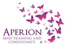 Logo for Aperion SEND Training and Consultancy, featuring a swirl of pink and purple butterflies above the company name and strapline on a white background.