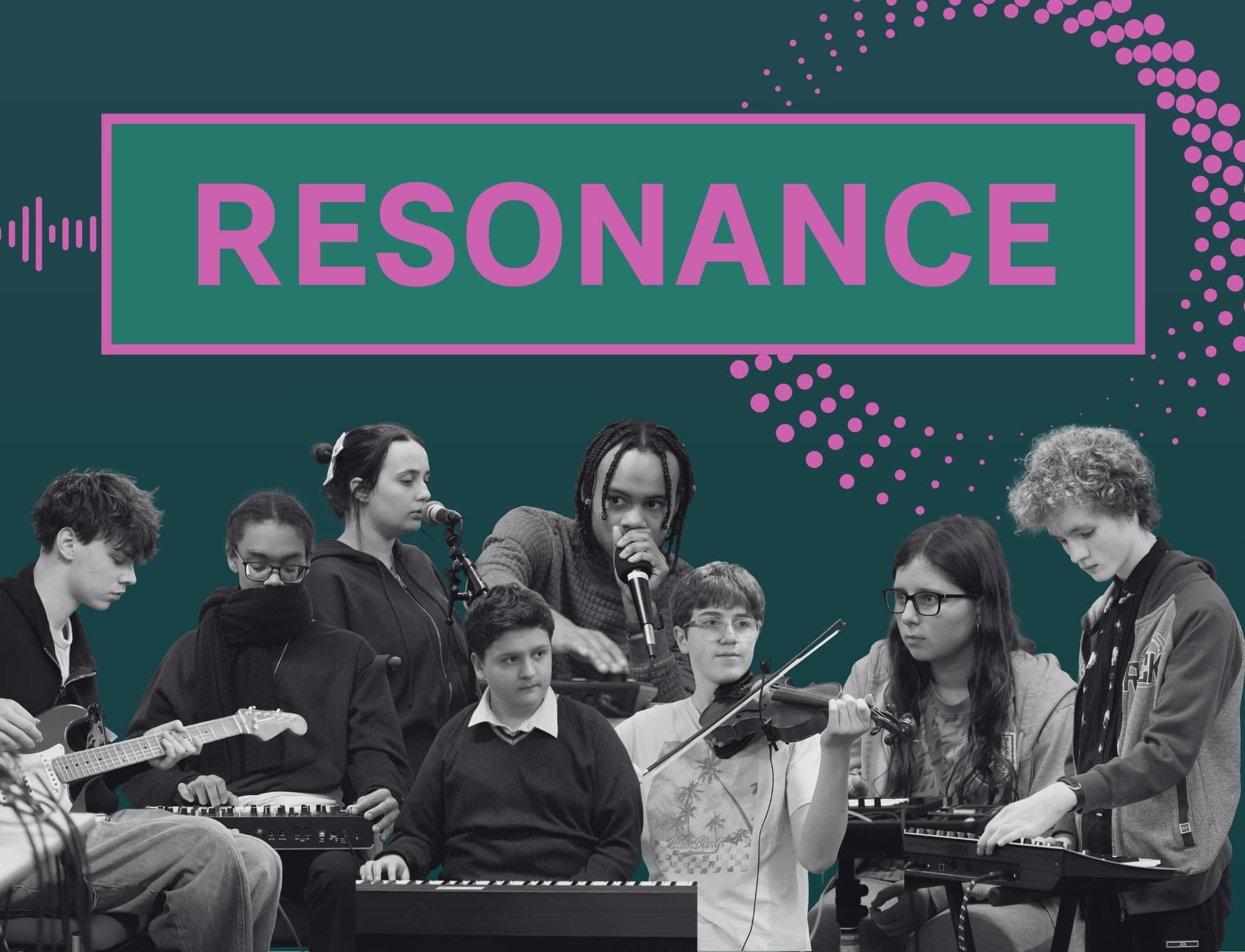 A group of young people play instruments and sing together beneath a large “RESONANCE” sign on a teal background with purple soundwave graphics.
