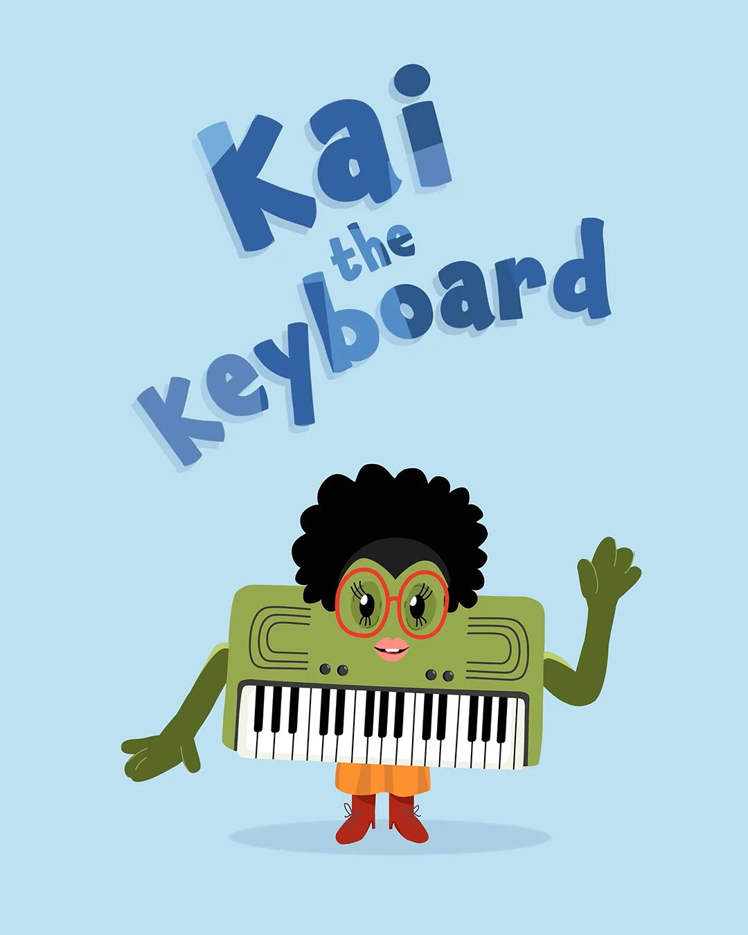 Illustration of a smiling cartoon keyboard character with curly hair, large green glasses, and red boots, waving. Text above reads, Kai the Keyboard in playful blue letters on a light blue background.