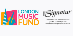 Colourful London Music Fund logo with a stylised treble clef, cello, and building, next to the Signatur logo featuring a musical stave—the umbrella name for KJCF’s work fostering the resonance and advancement of the art of music.